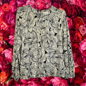Nordstrom Melloday Cream/Black Floral Long Sleeve Blouse size Large